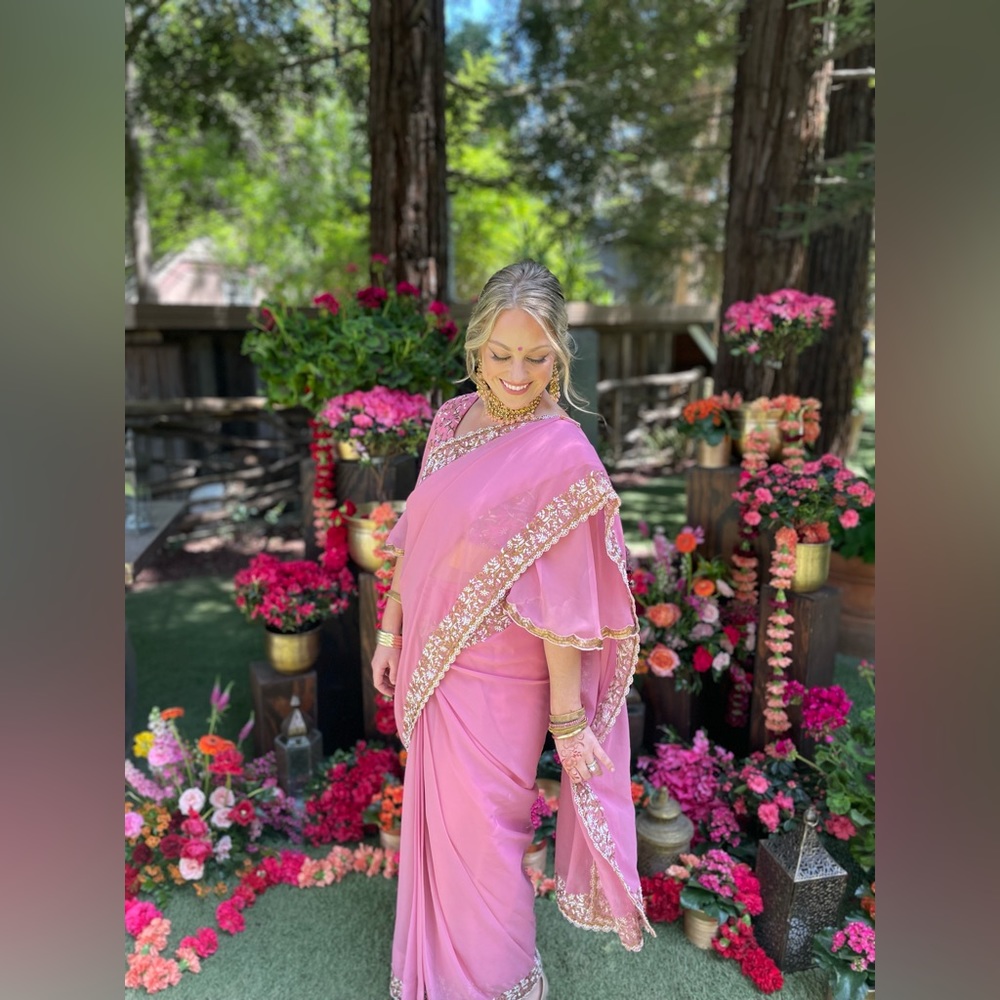 PINK BEADS WORK PRE STITCH SAREE IN GEORGETTE